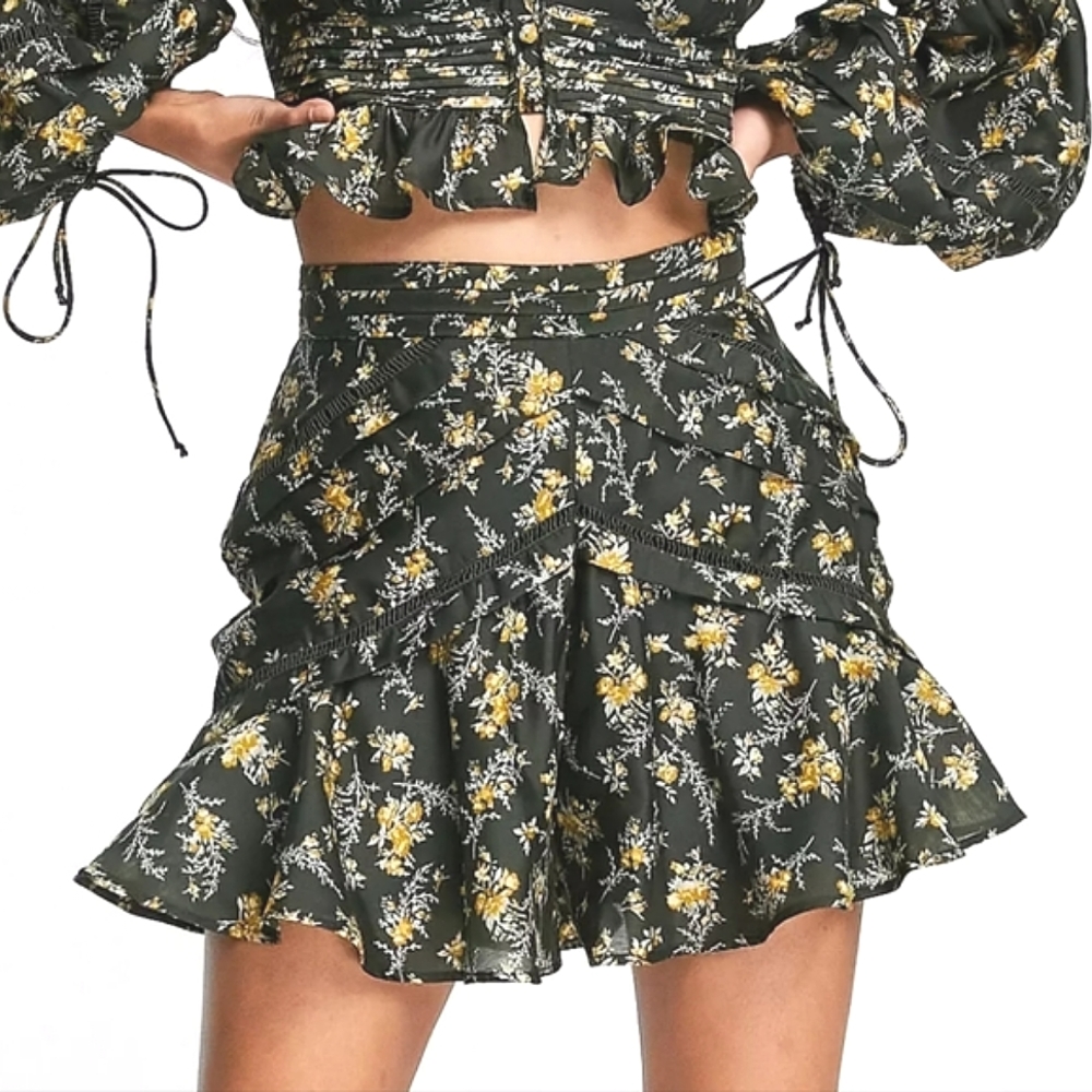 SALE Asos Green Floral Print Flippy Skirt Skort Layered Pleated High Rise 10 NEW